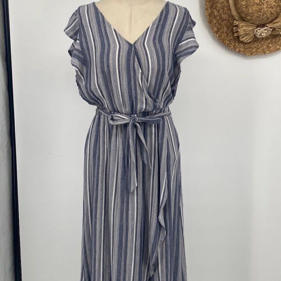 New Splendid Chambray‎ Multi Stripe Tulip Sleeve Wrap Dress Size Small - Picture 3 of 16
